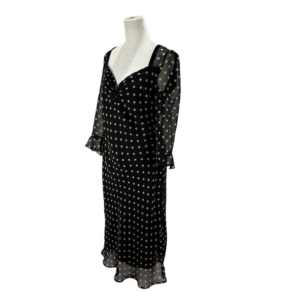 Vintage Black & White Polka Dot Midi Dress | Sheer Long Sleeve Retro Cocktail - Picture 3 of 7